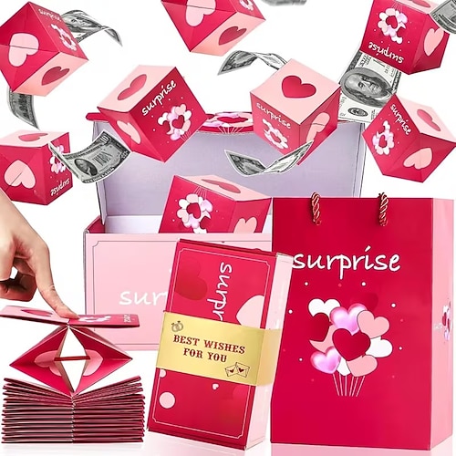 Explosionsgeschenkbox, Pop-up-Überraschungsbox für Geburtstage, Valentinstag, Weihnachten, Hochzeiten, Feste, Bargeldexplosion, luxuriöse rote Umschlagbox, Partygeschenkbox Image