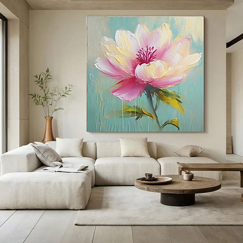 Handgemaltes rosa Blumenbild im Ölgemälde-Stil, Leinwandbild, Wandbehang, Wohnzimmerdekoration, modernes Design, florale Kunst Image