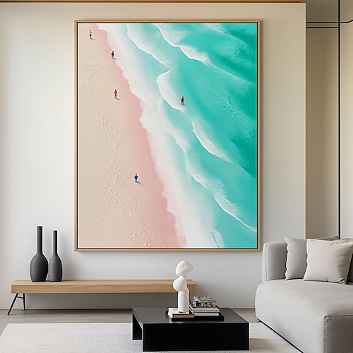 Ölgemälde, handgemalt: Winzige Menschen schwimmen im blauen Ozean. Wandbild, Strandmotiv, Poster, Küstenkunst. Image