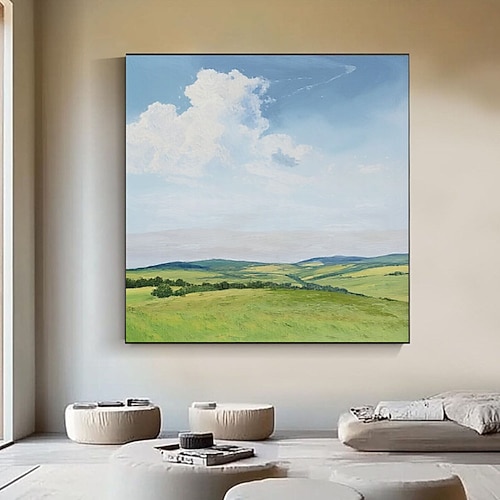 Großes abstraktes Landschaftsgemälde auf Leinwand, originale Wolken- und Feldszene, moderne Naturkunst für die Wohnzimmerdekoration Image