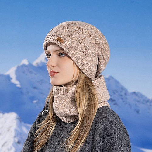 Wintermütze für Damen, Outdoor-Radsport, Fleece-gefüttertes Strick-Ohrenwärmer-Schal-Set, warme Mütze und Halswärmer, zweiteiliges Set für kalte Wettersportarten Image