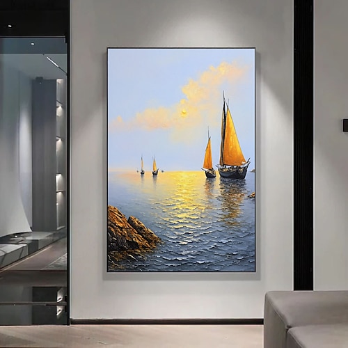 Originales Segelbootgemälde Gold Blaue Meereslandschaft, handgemaltes Ölgemälde, Wandkunst, Ozean-Sonnenuntergang, Segelboot, Heimdekoration, gerollte Leinwand Image
