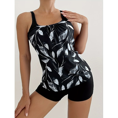 Damen Tankini 2-Teilig Badeanzug Shorts Bauch Kontrolle Hohe Taille Slim Rückenfrei Urlaubs Strandbekleidung Floral U-Ausschnitt Ärmellos Bademode Image