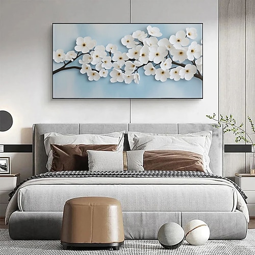 Magnolienblüten-Gemälde auf Leinwand, 3D-Blumenstruktur-Wandkunst, florale Kunst, Gemälde eines blühenden Zweigs, große Wohnzimmerkunst mit Textur-Look Image