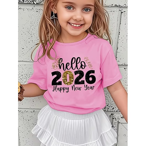 Mädchen-T-Shirt mit 3D-Grafik und Buchstabenaufdruck für die Silvesterparty 2026, Kurzarm, Sommer/Frühling, Sportmode, Streetwear, Kindergröße 4-12 Jahre, Rundhalsausschnitt, normale Passform, Image