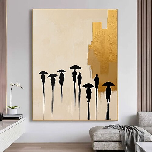 Neues, handgemaltes, hochwertiges Ölgemälde mit Goldfolienprägung auf Leinwand: abstrakte Stadtansicht mit Menschen im Regen – moderne Wanddekoration für Zuhause. Image