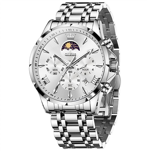 Die neue Olevs Herren-Businessuhr verfügt über eine leuchtende Mondphasenanzeige, einen Chronographen, ein multifunktionales Quarzwerk, ist lässig, modisch, wasserdicht und sportlich. Image