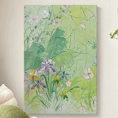 Handgemaltes Ölgemälde auf Leinwand, abstraktes Wandbild mit grünen und frischen Blumen, ideal für Wohnzimmer, Eingangsbereich und Zuhause. Das Gemälde ist gerollt, rahmenlos und ungespannt. Image