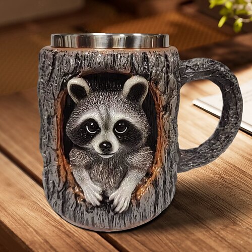 Handgefertigter Waschbär-Baumstumpfbecher, 3D-Tier-Kaffeebecher aus Kunstharz, kreativer Becher im Waldbaumstumpf-Design, niedlicher Waschbär-Geschenkbecher für Zuhause und Büro, einzigartiges Image