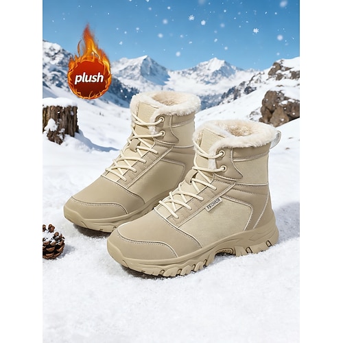 Khakifarbene Damen-Winterwanderschuhe mit weichem Fleecefutter – rutschfeste Schnür-Schneeschuhe für Trekking, Spaziergänge und extreme Kälte Image