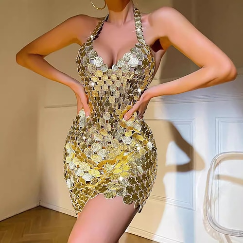 Samba Dancewear Damen Funkelndes Pailletten Disko Mini Kleid - Glitzerndes Ärmelloses Halfter Party Clubwear für Karneval Festival Performance Kostüm Image