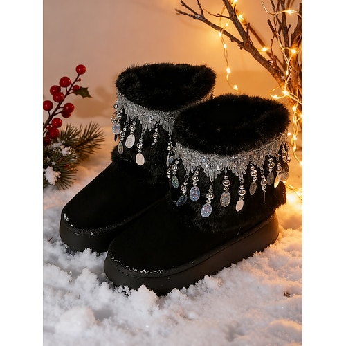 Beigefarbene Schneestiefel aus Kunstfell mit Strassquasten – warme Plateau-Stiefeletten für Winterpartys, Weihnachten und festliche Anlässe Image