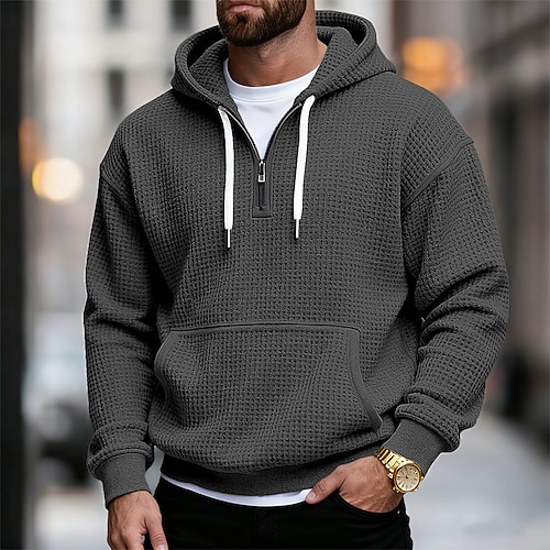 Herren Kapuzensweatshirt Waffle Kapuzensweatshirt Viertelreißverschluss Kapuzensweatshirt Marineblau Hell Gray Dunkelgray Leicht Blau Mit Kapuze Einfach Kängurutasche Strukturiert Sport Outdoor Image