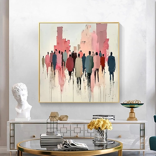 Handgemaltes Ölgemälde auf Leinwand, Wanddekoration, Impression einer Straßenszene mit Figuren, Morandi-Farben, abstrakt, für die Heimdekoration, auf Keilrahmen gespanntes Gemälde/gerolltes, Image