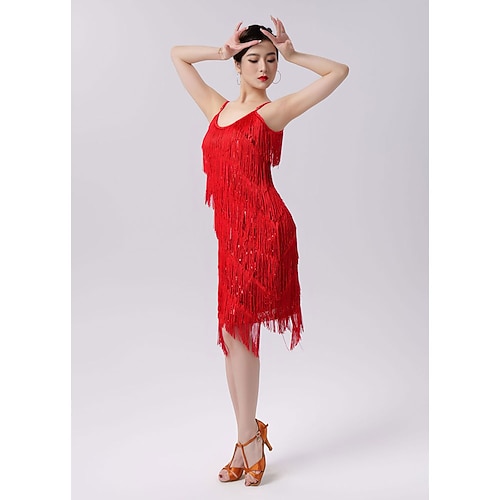 Samba Dancewear Damen Salsa Latin Tanzkleid Pailletten Quasten Fransen Flapper Kleid Ballsaal-Tanzkostüm für Karneval Leistungskostüm Image