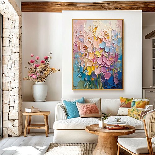 Originales, handgemaltes, farbenfrohes Blumenbild auf Leinwand – ein großes Wandbild, abstrakte Blumenkunst, strukturierte Wandkunst, individuelles Gemälde, Wohnzimmerdekoration, Geschenk Image