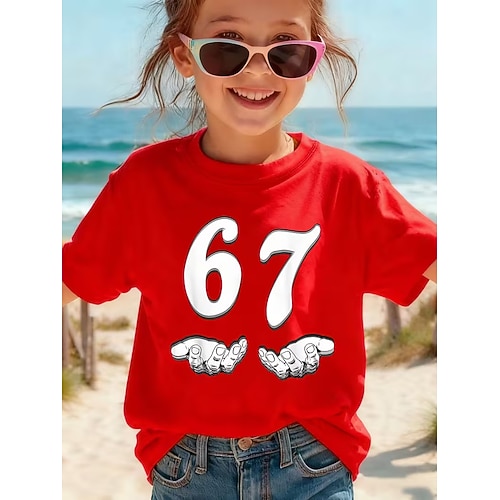Mädchen 3D Grafik Lustiger Slang 67 T-Shirt Kurzarm 3D-Druck Sommer Frühling Sport Mode Streetwear Kinder 4-12 Jahre Rundhalsausschnitt Outdoor Lässig Täglich Normale Passform Image