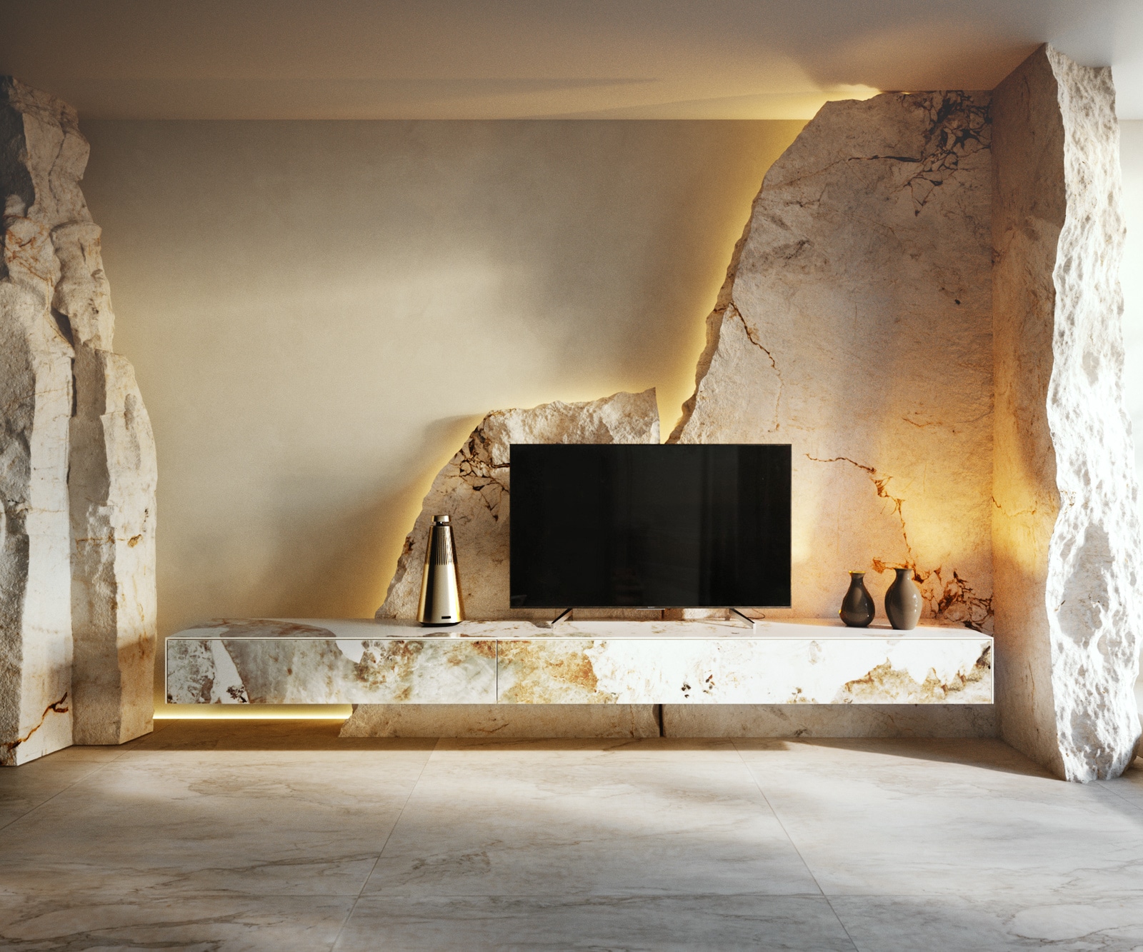 DELIFE Lowboard Cuor 250 cm Keramik Minas Melange Weiß-Beige 1 Klappe 1 Schubfach Schwebend, Lowboards Image