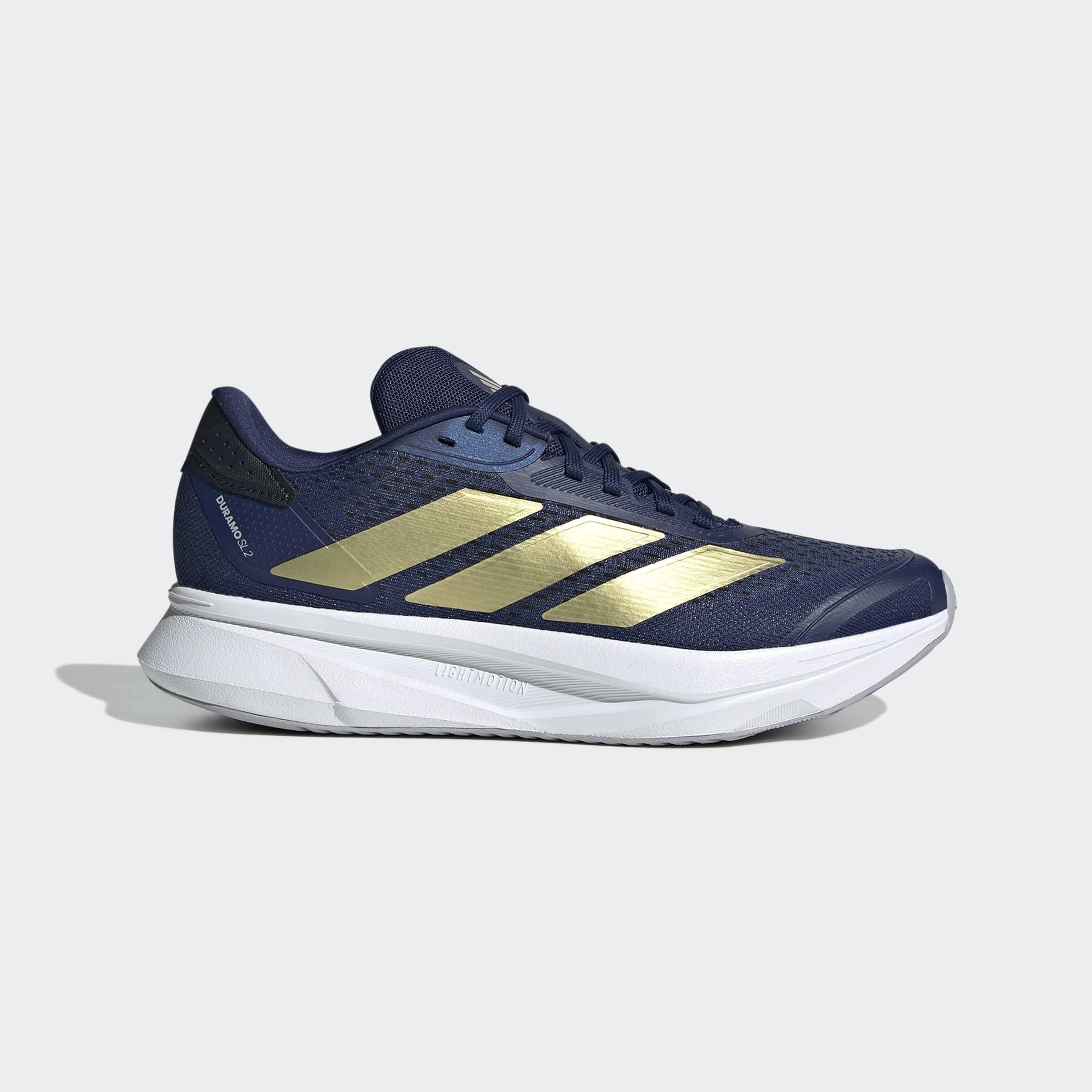 Laufschuh ADIDAS PERFORMANCE "DURAMO SL 2", Damen, Gr. 39, dunkelblau, gold metallic, halo silber, Synthetik, Textil, Schuhe Laufschuh