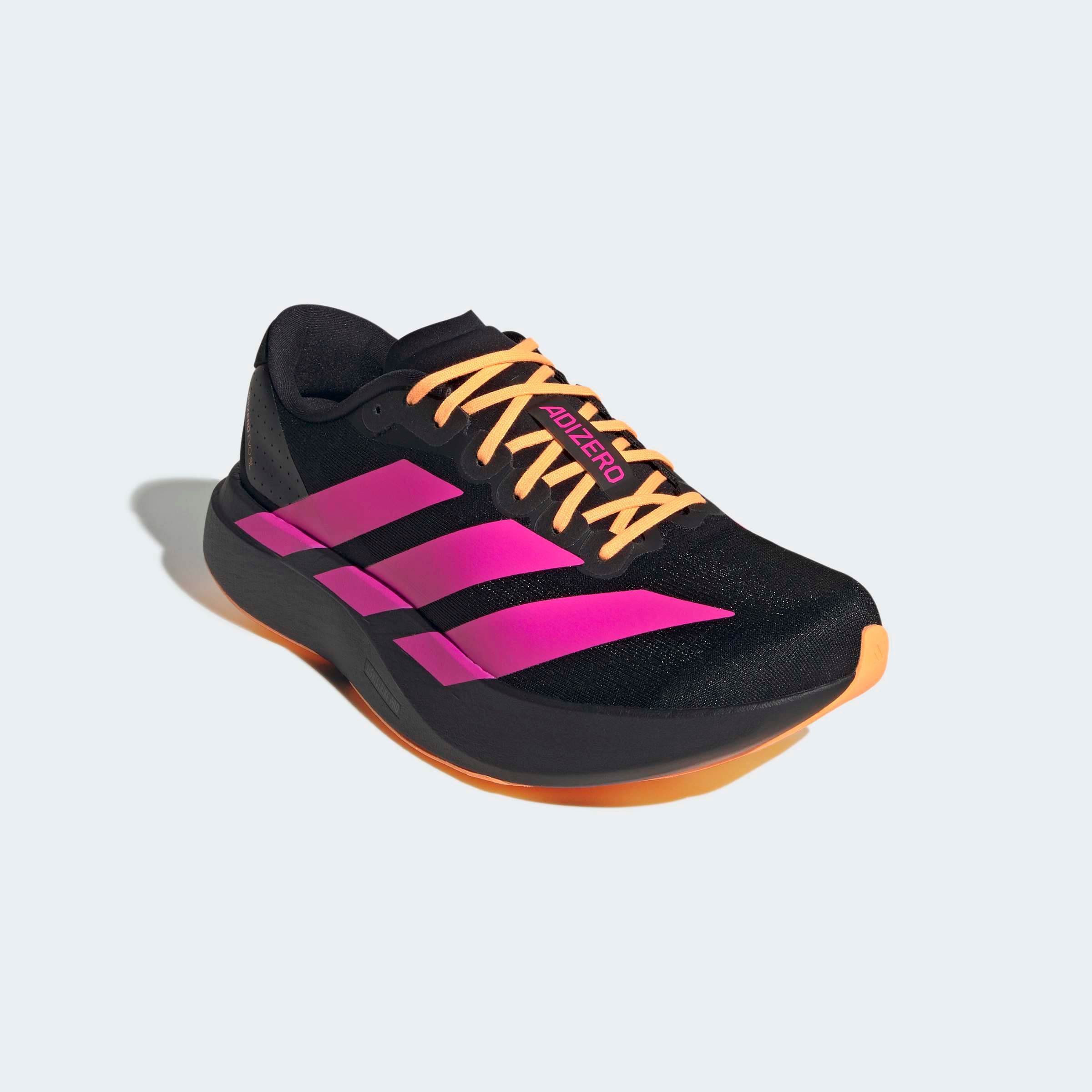 Laufschuh ADIDAS PERFORMANCE "ADIZERO EVO SL", Herren, Gr. 43, core schwarz, shock pink, flash orange, Synthetik, Textil, Schuhe Laufschuh, angelehnt an das Design vom Adios Pro Evo