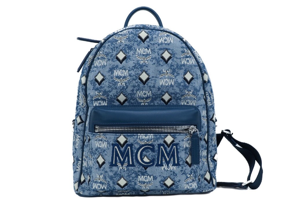 MCM Damen Stark Kleine Blaue Vintage Jacquard Monogramm Logo Stoff Rucksack Image