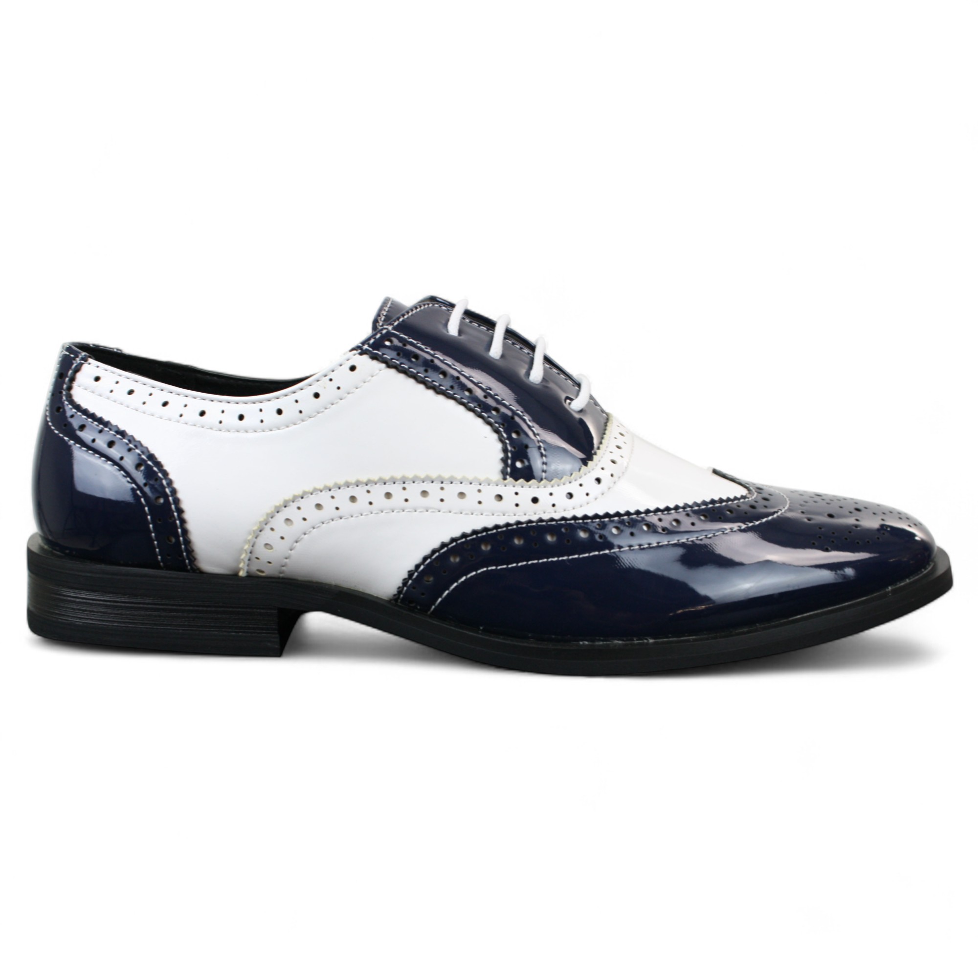 Herren Lack Schnürschuhe Marineblau Weiß Brogues Elegante Abendschuhe Image