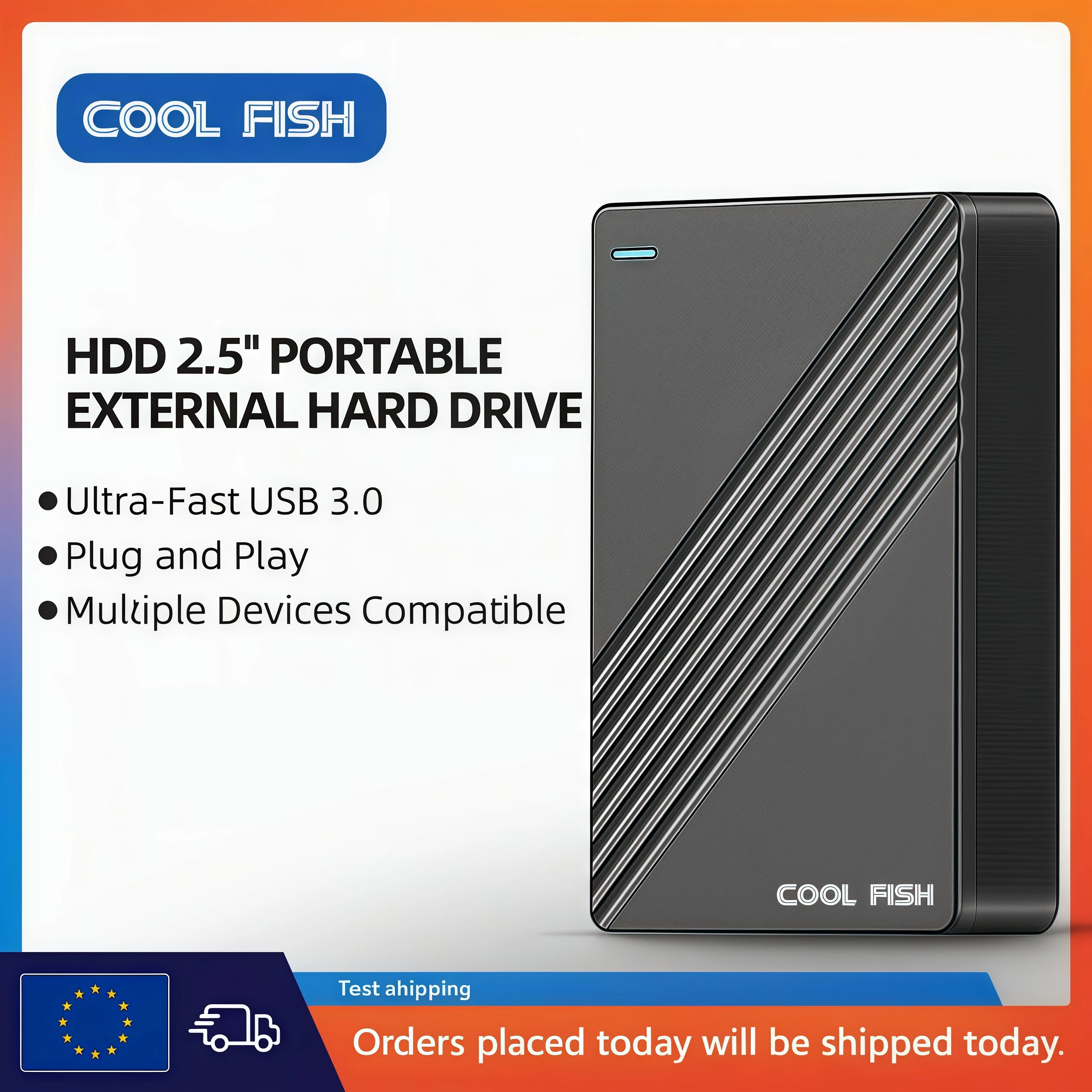 COOL FISH Disque dur externe portable double baie de 2,5 pouces RAID 1 To 2 To 200 Mo/s pour le stockage de données PC Mac