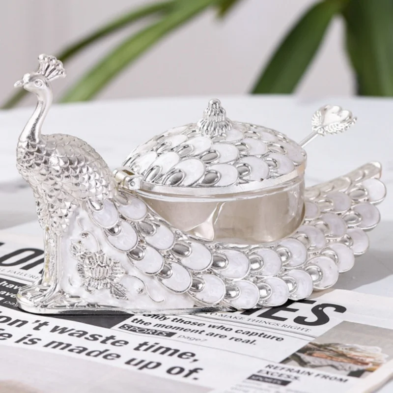 Zuckerdose-Gewürzglas, silberne Pfauenform-Legierung mit Deckel, Kaffeebohnenbehälter, Aufbewahrungstopf für Zucker und Milchprodukte, Küchenutensilien Image