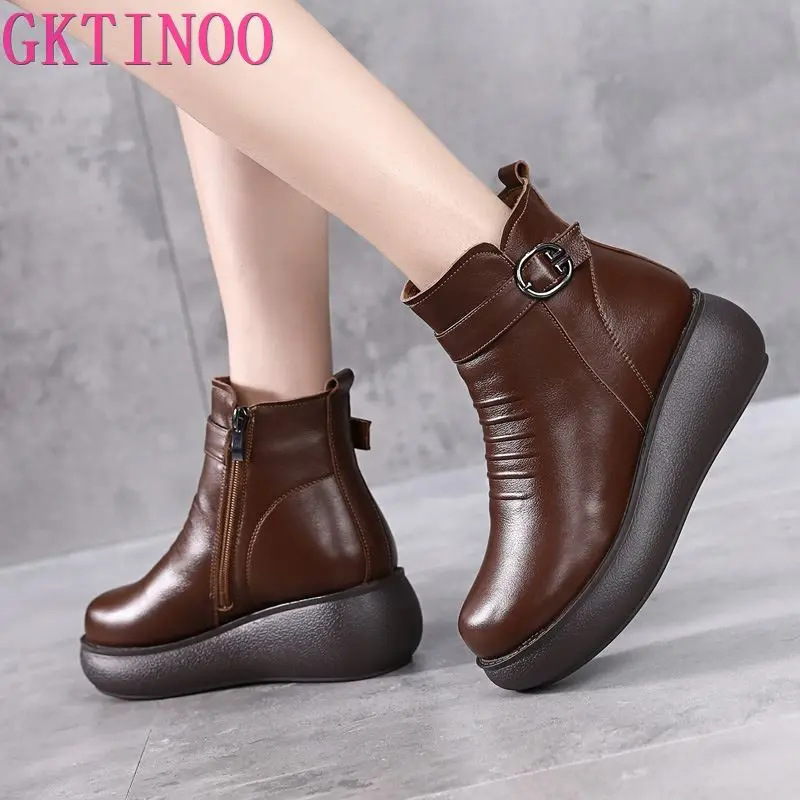 GKTINOO 2026 Wasserdichte Damen-Schneestiefel, 100 % echtes Leder, natürliches Wollfell, Plateau-Stiefeletten für Damen, warme Winterschuhe