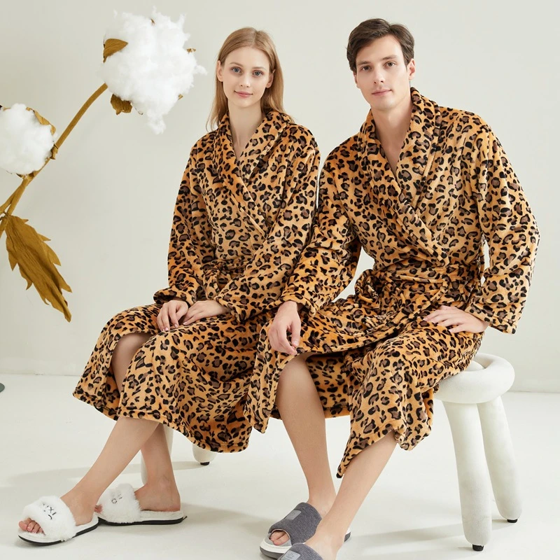 Paare Neue Flanell Kimono Nachtwäsche Leopard Bademantel Nachthemd Herbst Winter Revers Hause Tragen Pyjamas Loungewear Nachtwäsche Image