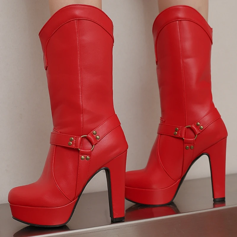Rote mittelhohe Stiefel für Damen, Winter- und Herbstschuhe, Plattform, gelb-schwarzer Stiefel, wasserdichte High Heels, Schuhe, Schuhe für Damen, große Größe 50