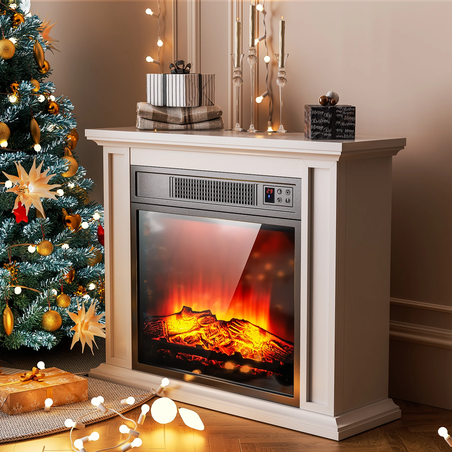 Elektrokamin elektrischer Kamin mit Heizfunktion Heizlüfter elektrischer Kaminofen, 2000 W Heizung, Flammeneffekt, Fernbedienung, LED-Licht, Timer