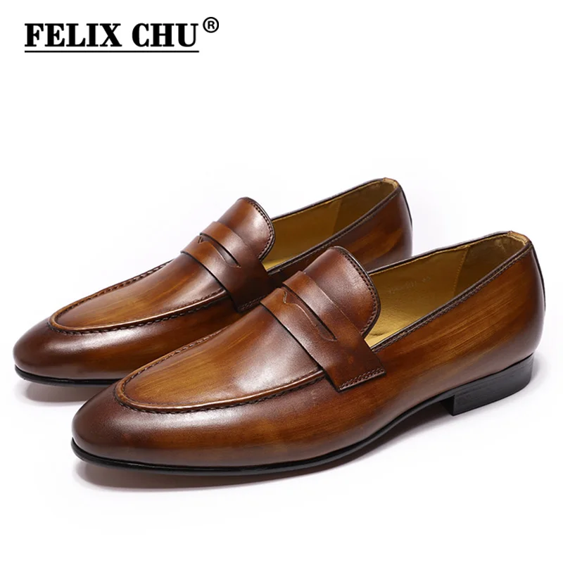 FELIX CHU Herren Penny Loafers Lederschuhe Echtes Leder Elegante Hochzeit Party Casual Kleid Schuhe Braun Schwarz Schuhe für Männer
