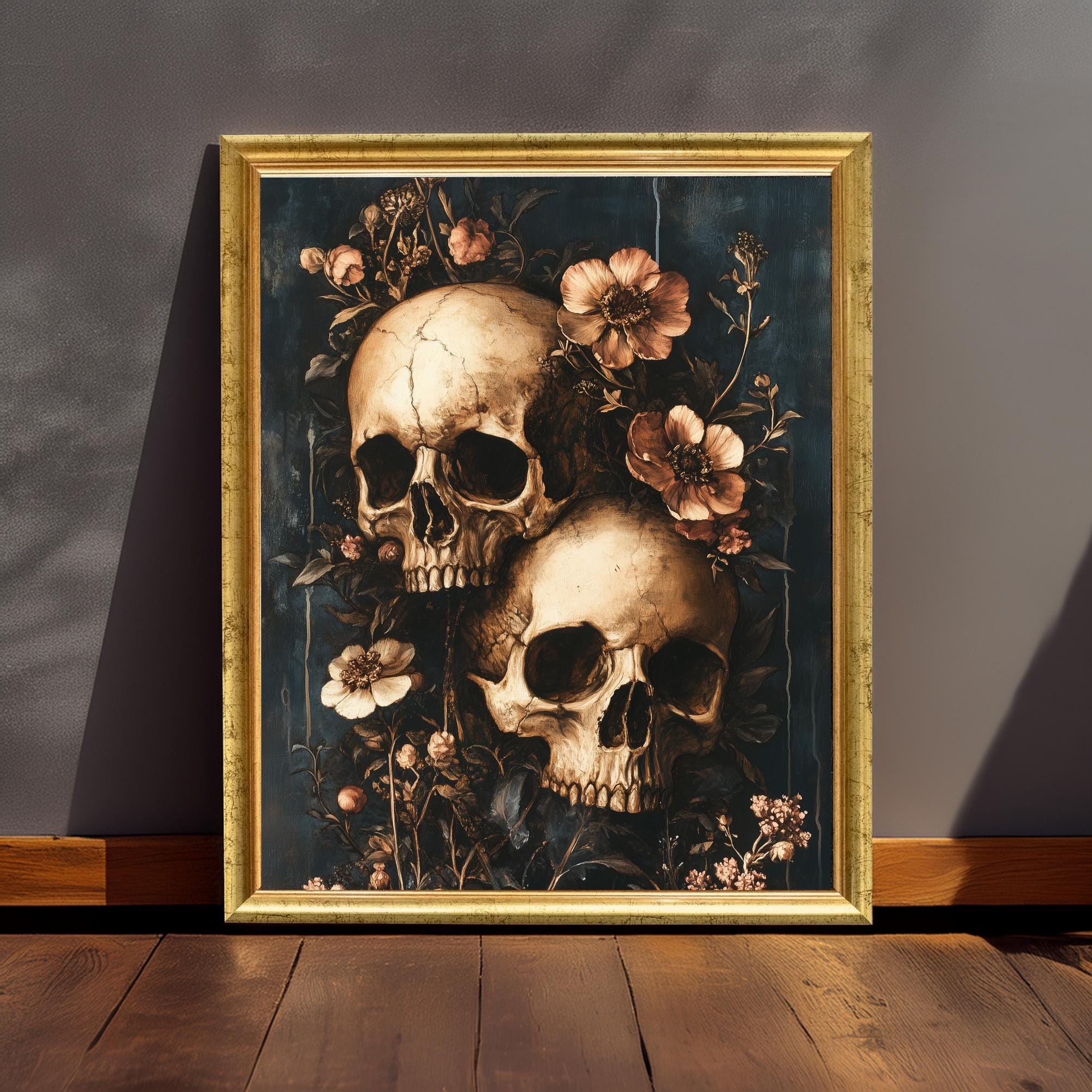 Stampa artistica con teschio e fiori - Decorazione murale gotica oscura, tela botanica con teschio vintage, poster romantico macabro, stampa artistica