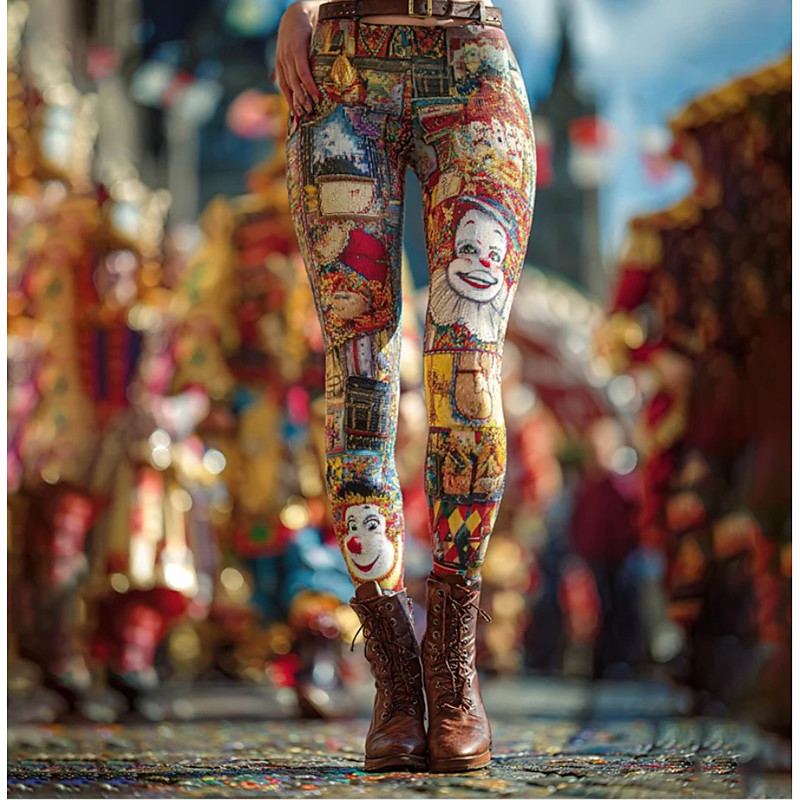 Women's Cologne Carnival Clown Pattern Leggings Vacation Vintage Fashion Full Length High Ugly Christmas New Year Graphic Christmas Novelty Printing Thermal Warm Soft Breathable Stretchy