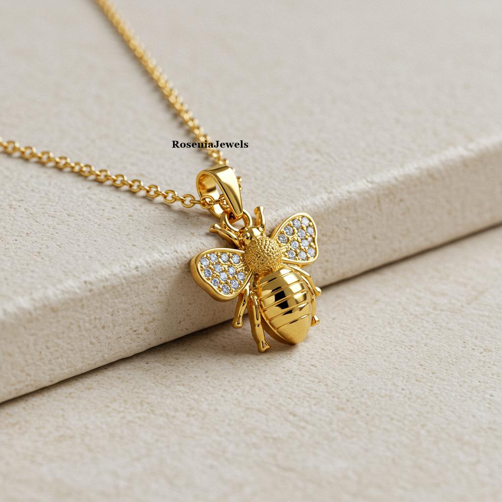 Ciondolo a forma di ape in oro, ciondolo a forma di ape, ciondolo a forma di ape con ciondolo a forma di catena, gioielli minimalisti a forma di inset