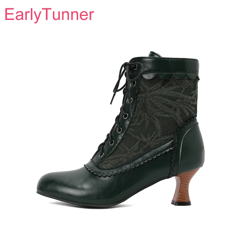 Neue Winter Süße Schwarz Grün Frauen Ankle Bootie Sexy Spitze 5 cm Med Dünne Fersen Schule Dame Schuhe Plus Große größe 12 43 47 50
