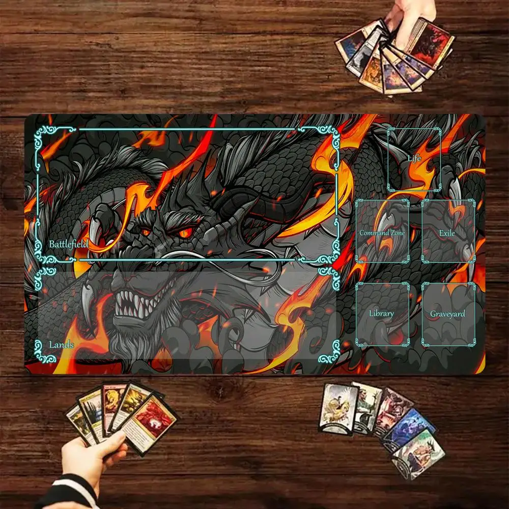 Magic Card Spielmatte mit Zone Flame Black Dragon MTG Spielmatte sammelnde Gaming-Matten Schreibtischunterlage Commander Battle Spielmatte Zauberteppich