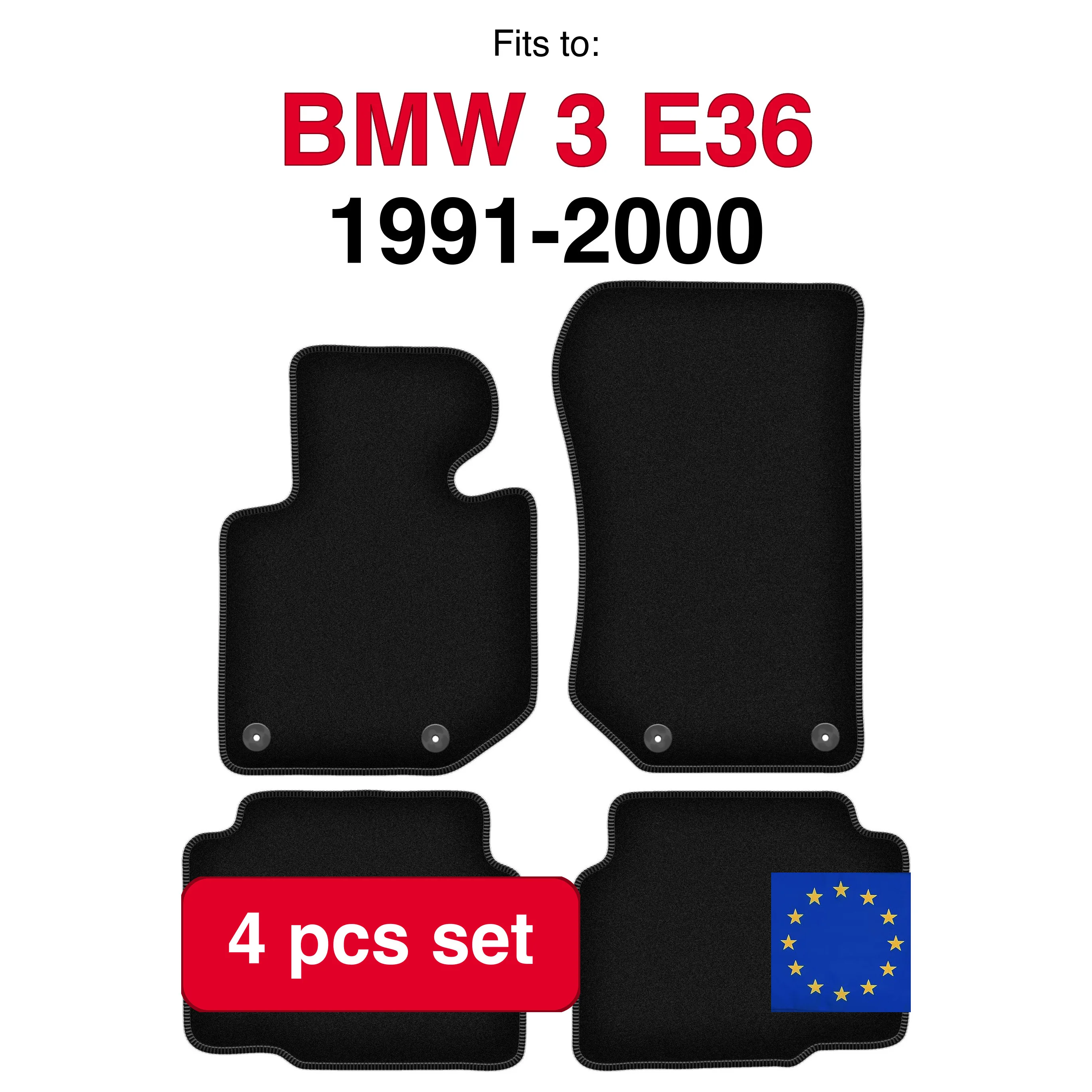 Ensemble de tapis en velours pour BMW 3 E36 Compact Coupé Berline Break Touring (1991-2000) - Noir (4 pièces) - Ensemble de tapis de voiture sur mesure