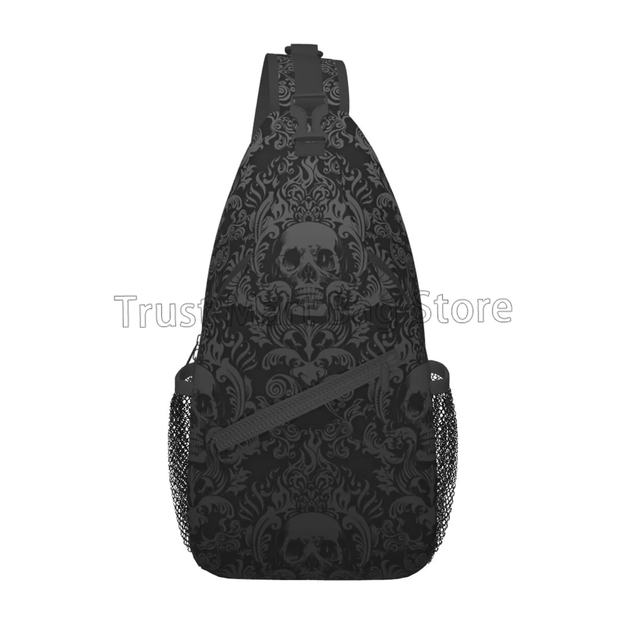 Vintage schwarze Gothic Totenkopf Damast Umhängetasche Umhängetasche Casual Sling Rucksack Brusttasche Reise Sport Wandern Tagesrucksack