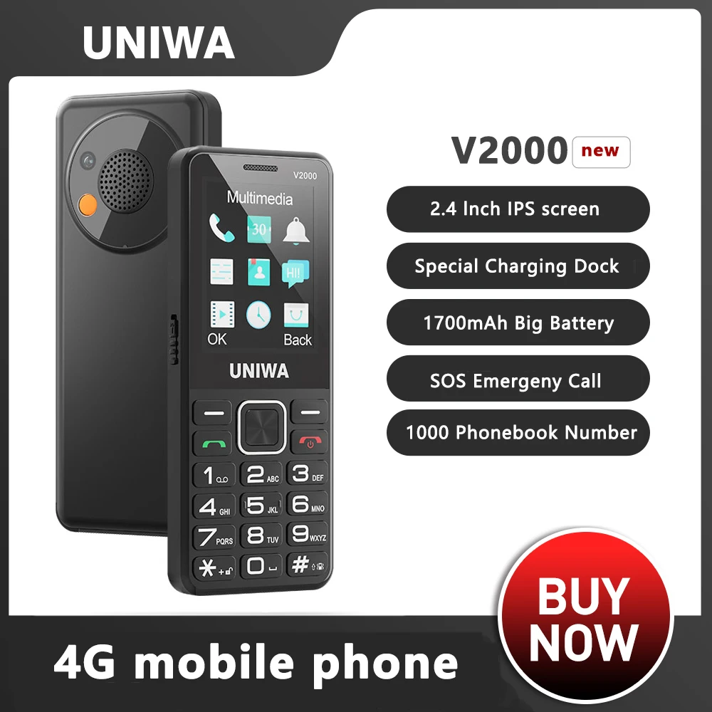 UNIWA V2000 4G-Telefon, Dual-Screen, große Drucktaste, 0,3 MP Kamera, FM-Radio, Tastatur, 1700 mAh, Mobiltelefon, unterstützt ein Klick-Wählen