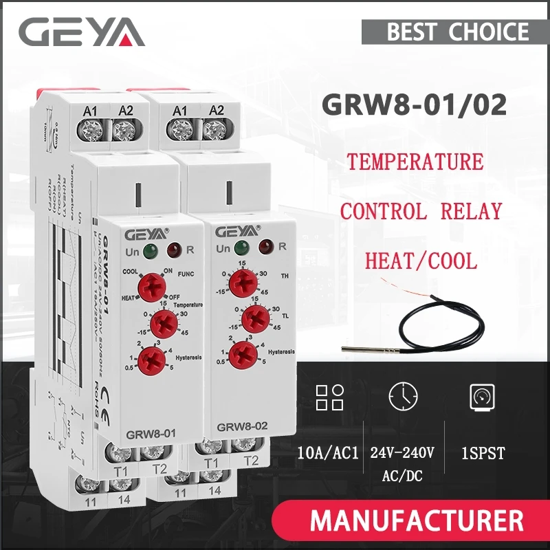 GEYA GRW8-01/02 Din-Schienen-Temperaturregelrelais 16 A AC/DC24–240 V mit wasserdichtem NTC-Sensor, Heizung und Kühlung Image