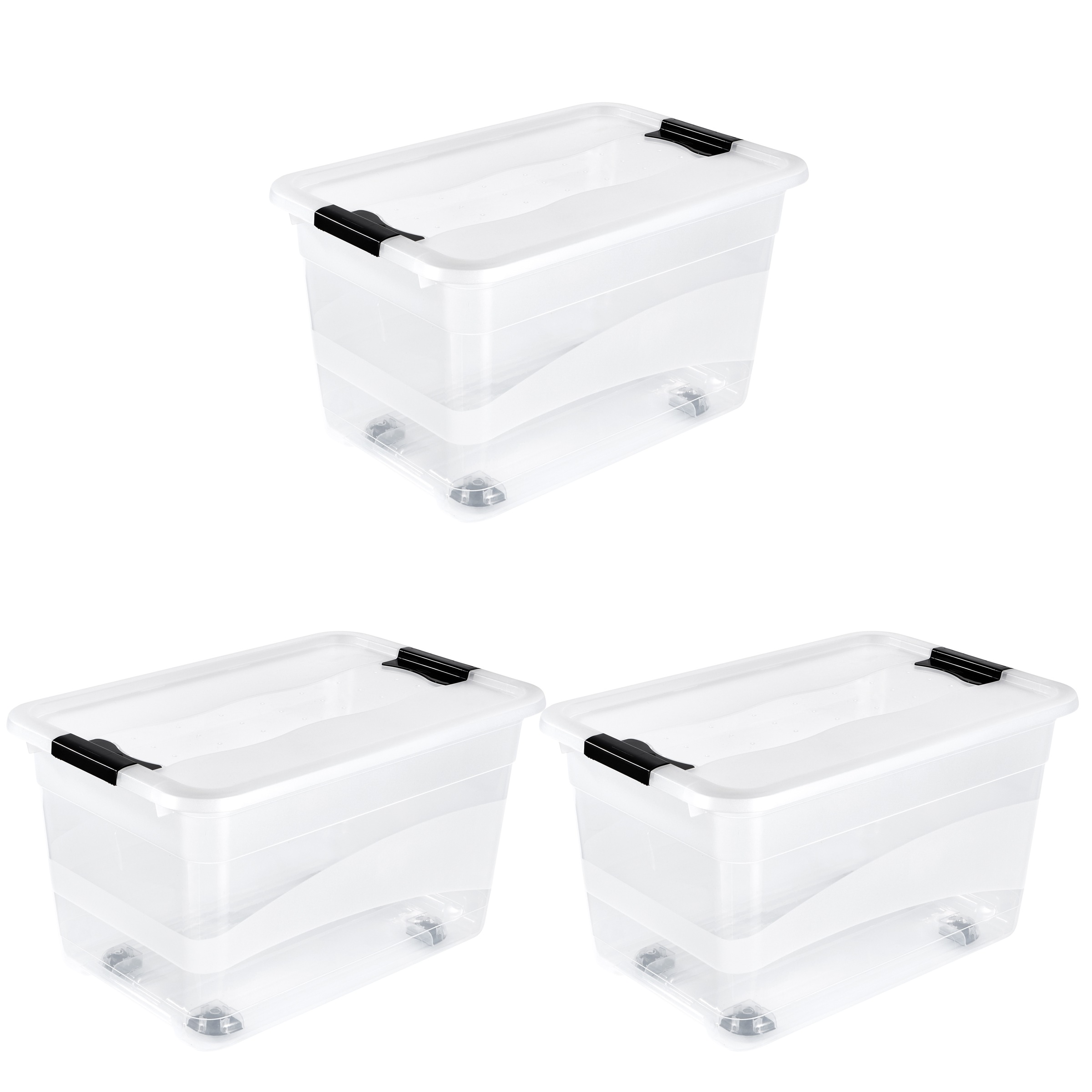 Aufbewahrungsbox KEEEPER "Konrad, Box mit Rollen, 3er Set, 52 L, 59,5 x 39,5 x 35 cm", transparent, B:59,5cm H:35cm T:39,5cm, Kunststoff, Aufbewahrungsboxen, Aufbewahrungsbox, durch Clips verschließbar, Griffe und Rollen am Boden