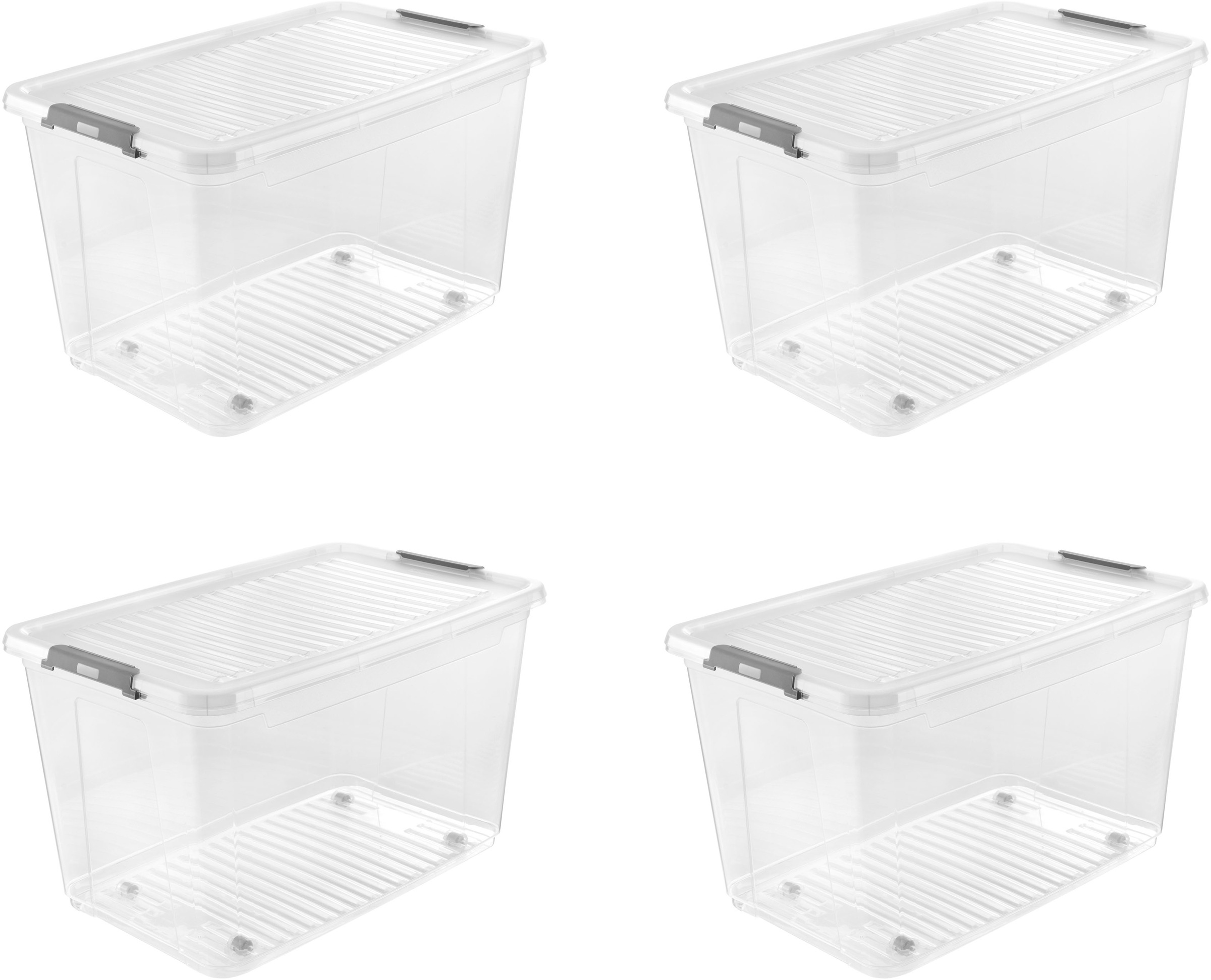 Aufbewahrungsbox KEEEPER "Clipbox Leo (Set 4 St.) 56 L, 59 x 38 x 35,5 cm", transparent, B:59cm H:35,5cm T:38cm, Kunststoff, Aufbewahrungsboxen, Aufbewahrungsbox, Schanierclips, Doppelöffnung, 90 drehbare Räder, fixierbarer Deckel