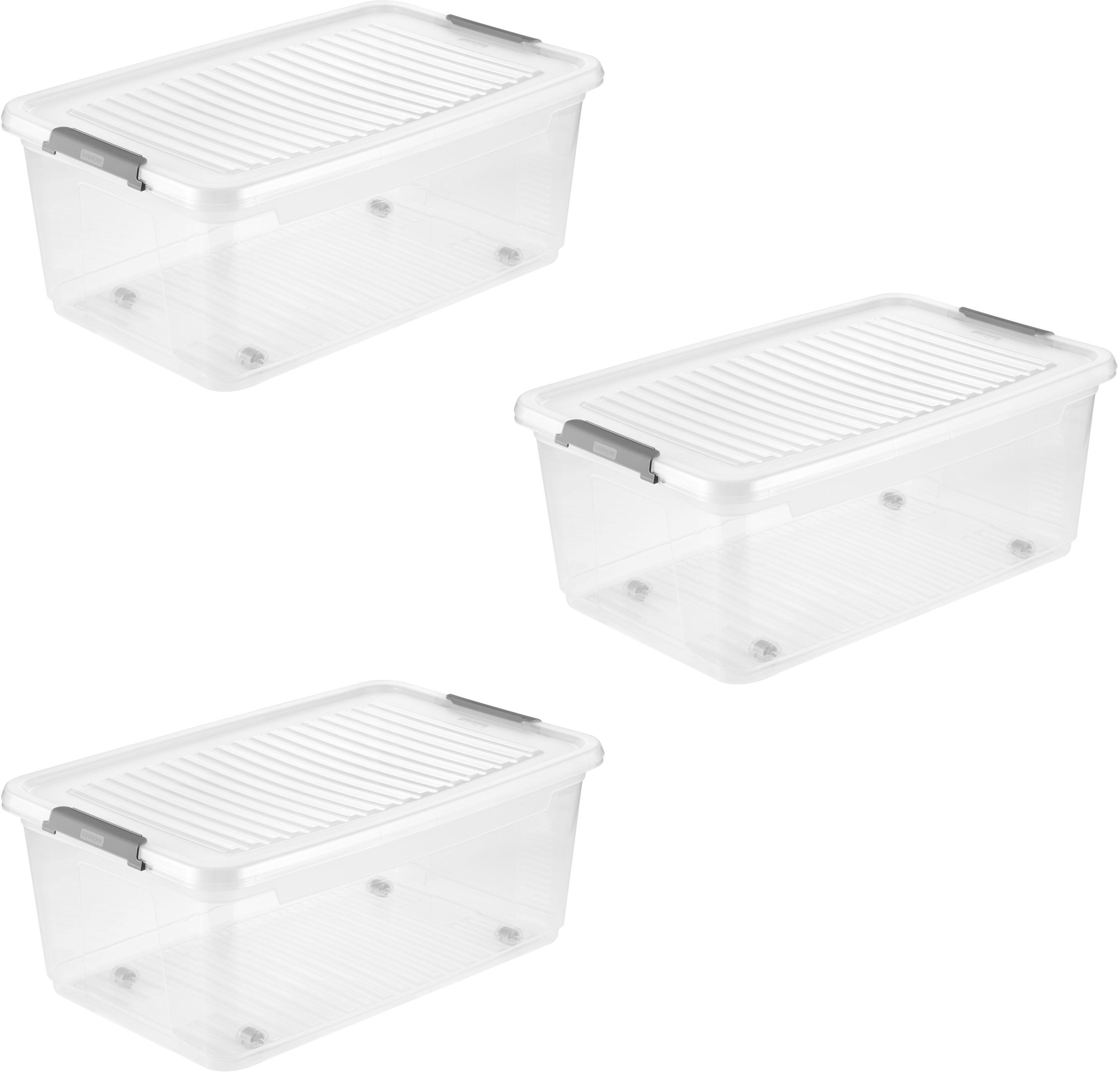 Aufbewahrungsbox KEEEPER "Clipbox Leo (Set 3 St.) 37 L, 59 x 38 x 24 cm", transparent, B:59cm H:24cm T:38cm, Kunststoff, Aufbewahrungsboxen, Aufbewahrungsbox, Schanierclips, Doppelöffnung, 90 drehbare Räder, fixierbarer Deckel