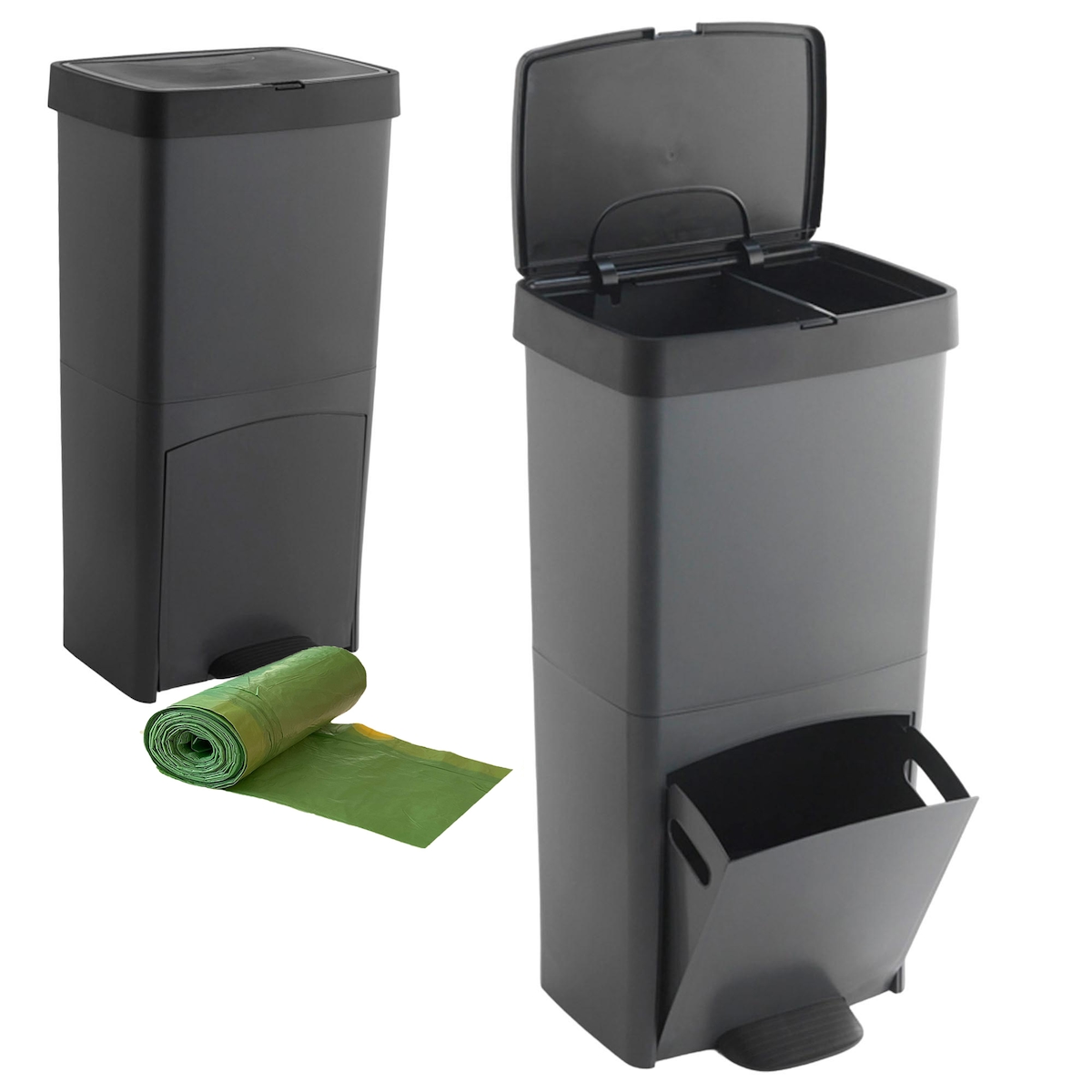 SP BERNER - Vertikaler 70L-Abfalleimer mit 2 Fächern (40L + 30L), anthrazitfarben, inklusive 40L-Müllbeuteln mit Selbstverschluss. Image