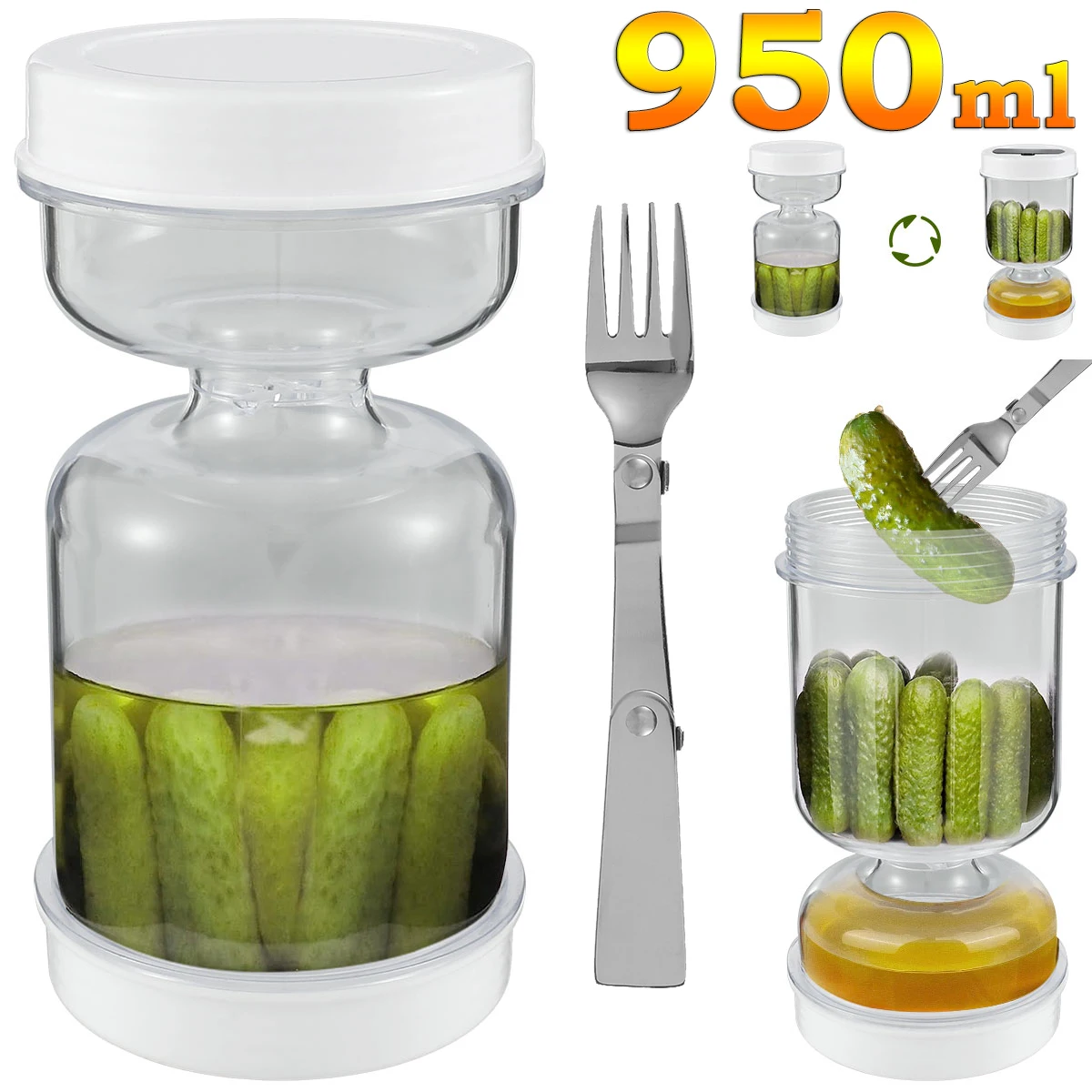 950 ml Gurkenglas mit Gabeln, Oliven, Sanduhrglas, Trocken- und Nassspender, Gurkenbehälter für Küchen-Safttrenner-Werkzeuge Image