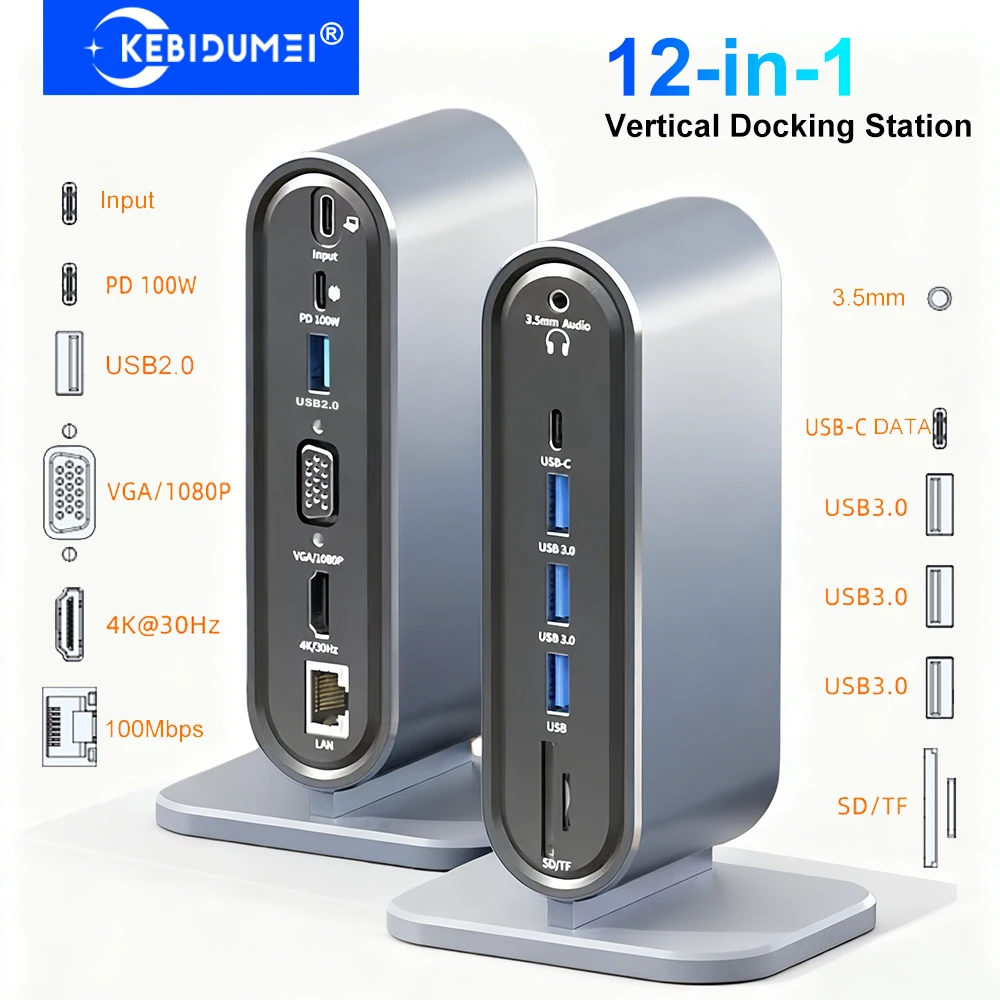 12-in-1 Vertikale Dockingstation USB C Dockingstation TYP C HUB USB Splitter HDMI 4K/LAN 100M/USB3.0 5Gbps/VGA 1080P/PD100W Image