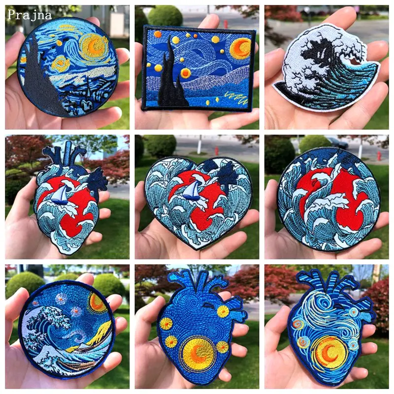 Prajna Van Gogh Patch Toppe ricamate per abbigliamento Toppe termoadesive Toppe ondulate per cartoni animati per vestiti Distintivi a strisce applique