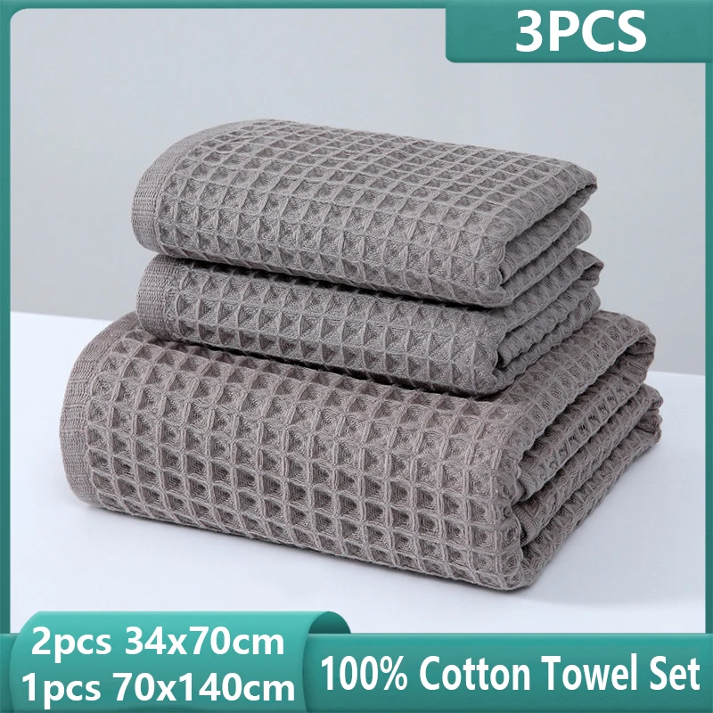 YIANSHU Set di asciugamani da bagno in cotone 100%, 1 asciugamani da bagno e 2 asciugamani, asciugamani per Waffle morbidi e ad asciugatura rapida altamente assorbenti (confezione da 3)